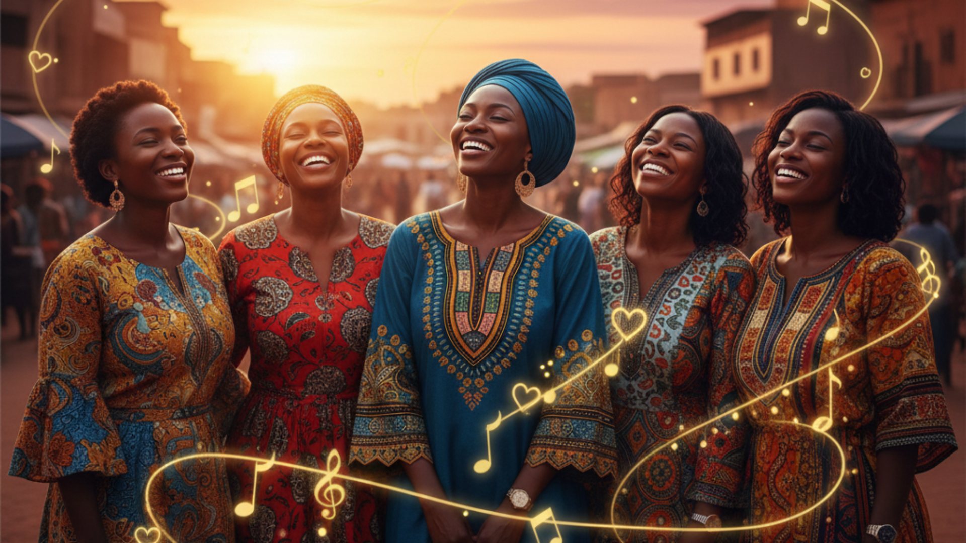 Groupe de femmes africaines rayonnantes célébrant la Saint-Valentin avec une chanson inspirante de la communauté Femmes Connectées.